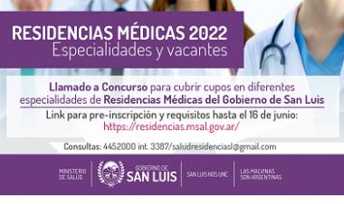CONCURSO DE RESIDENCIAS MÉDICAS: SAN LUIS TIENE 100 CARGOS DISPONIBLES