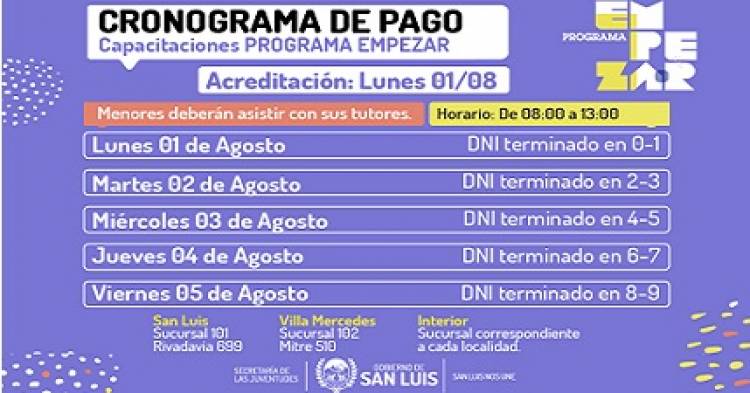 PROGRAMA EMPEZAR: EL LUNES 1º DE AGOSTO INICIA EL PAGO