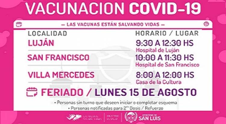 VACUNACIÓN: ESTE LUNES HABRÁ OPERATIVOS EN LUJÁN, SAN FRANCISCO Y V. MERCEDES