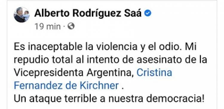 COMUNICADO DE ALBERTO SOBRE EL ATENTADO A LA VICEPRESIDENTA DE LA NACIÓN