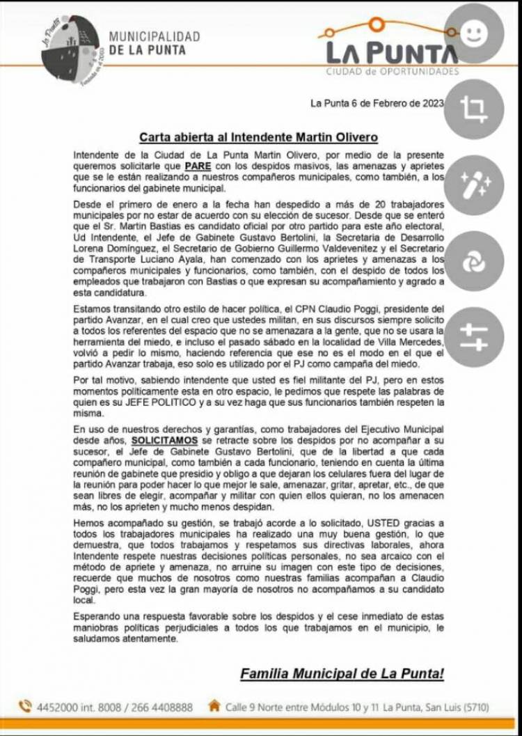 Denuncian despidos en La Punta por aprietes políticos.Gritos,celulares quitados en la puerta.Hay nerviosismo por Tincho Bastías, el agredido por el Candidato de Olivero.